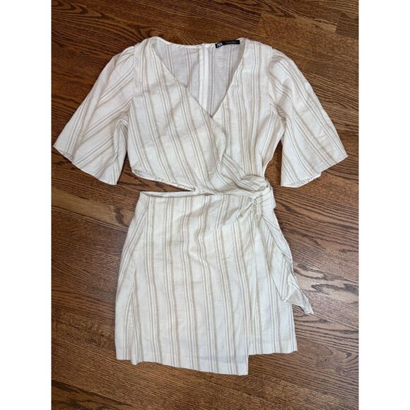 Zara Womens Cotton Blend Striped Cut Out Mini Dress Size Small Modern‎ Beachy - Picture 9 of 13